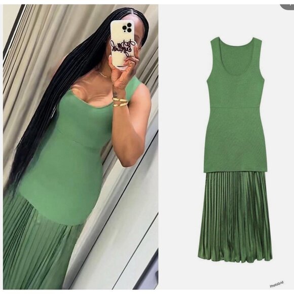 ZARA NEW WOMAN LONG PLEATED KNIT COMBINATION DRESS GREEN 4192/055 S M L - Picture 12 of 17